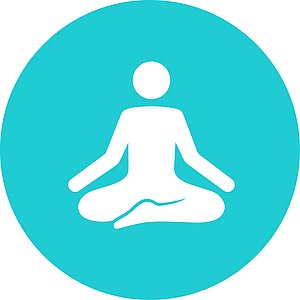 Icon, weißer Strichmensch im Schneidersitz auf türkisem Kreis