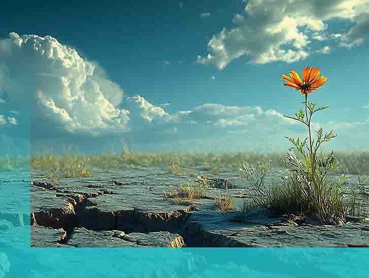 Eine Blume durchbricht den Asphalt vor einem blauen Himmel mit weißen Wolken