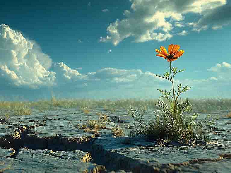 KI generiert: Blume durchbricht Asphalt, dunkler Himmel mit weißen Wolken