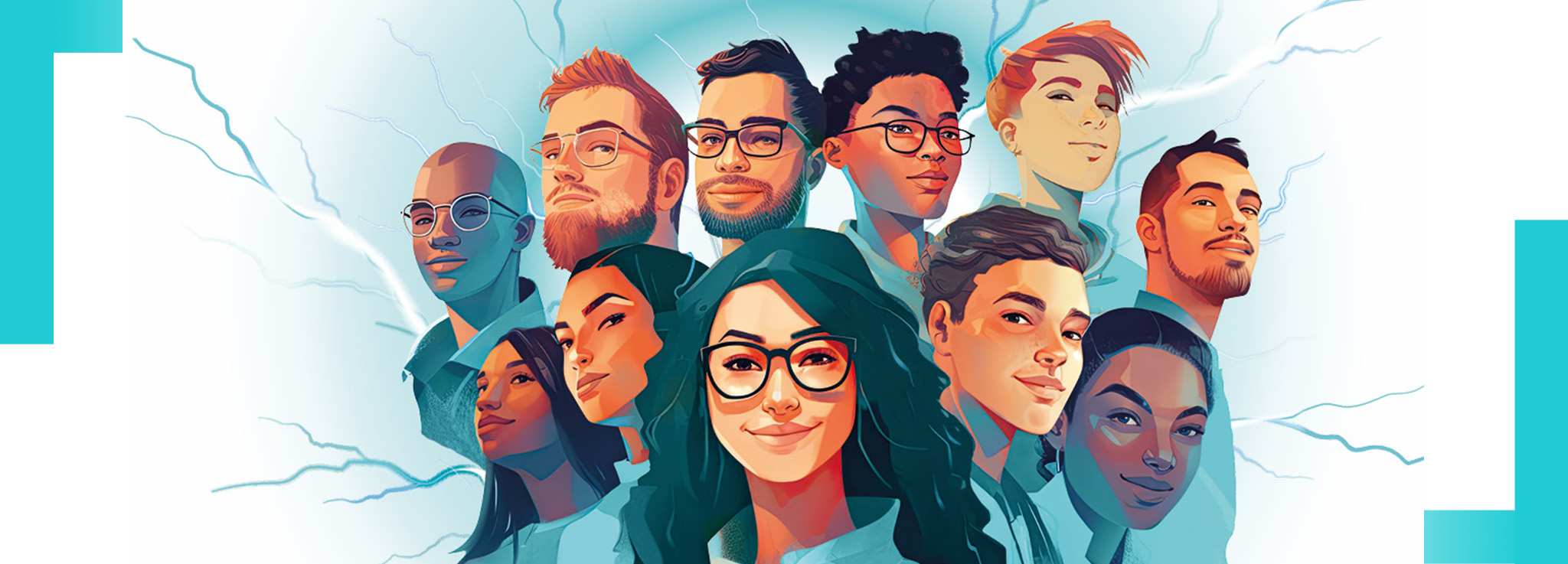 Illustration vieler junger Gesichter auf türkisem Grund mit Blitzen dahinter