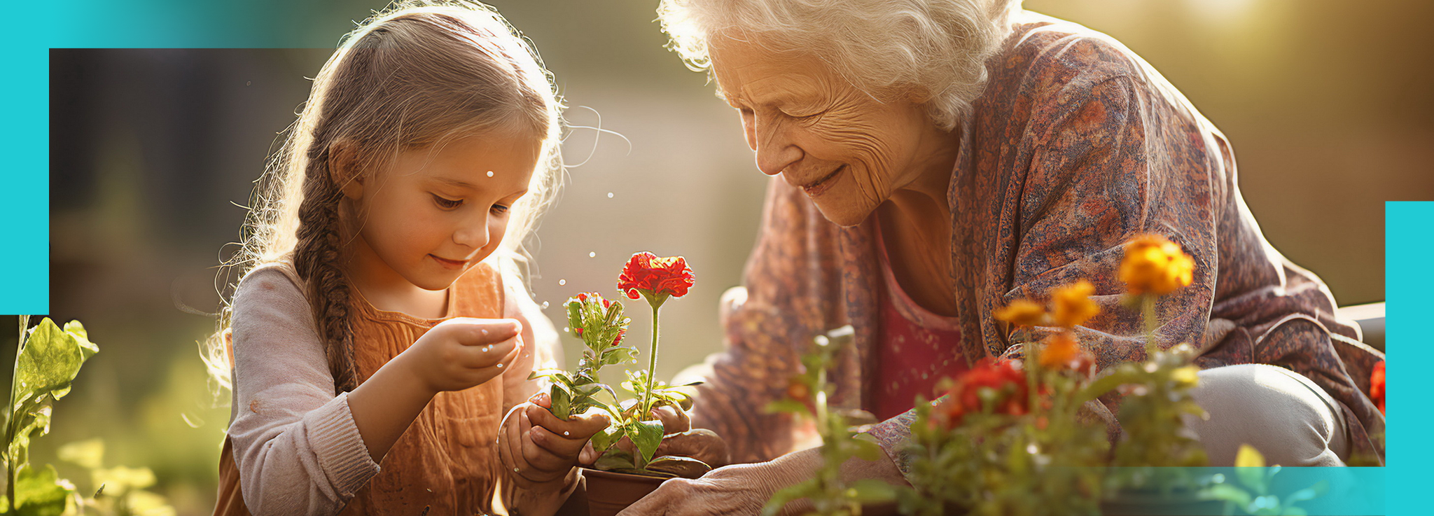 Oma mit Kind pflanzt Blumen