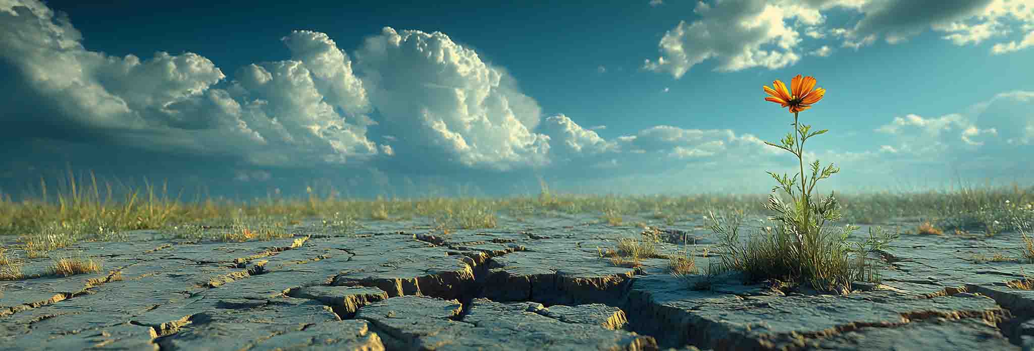 KI generiert: Blume durchbricht Asphalt, dunkler Himmel mit weißen Wolken
