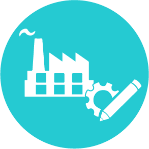 Illustration Fabrik mit Zahnrad und Stift
